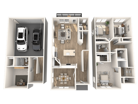 a 3d rendering of a 3 bedroom house with 3artments and a car
